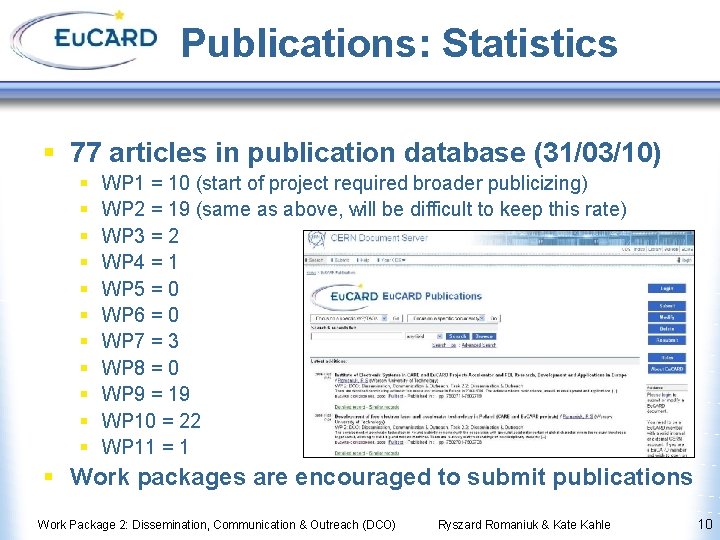 Publications: Statistics § 77 articles in publication database (31/03/10) § § § WP 1