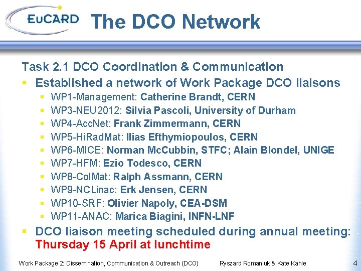 The DCO Network Task 2. 1 DCO Coordination & Communication § Established a network