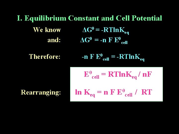 I. Equilibrium Constant and Cell Potential We know and: Therefore: ΔG 0 = -RTln.