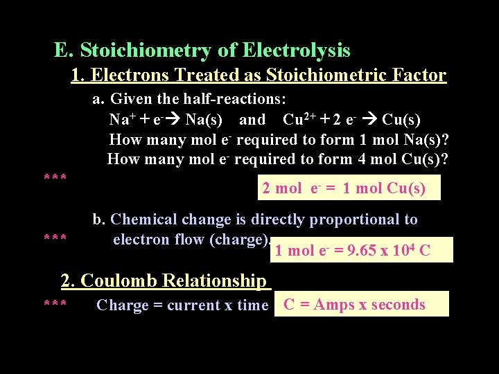 E. Stoichiometry of Electrolysis 1. Electrons Treated as Stoichiometric Factor a. Given the half-reactions: