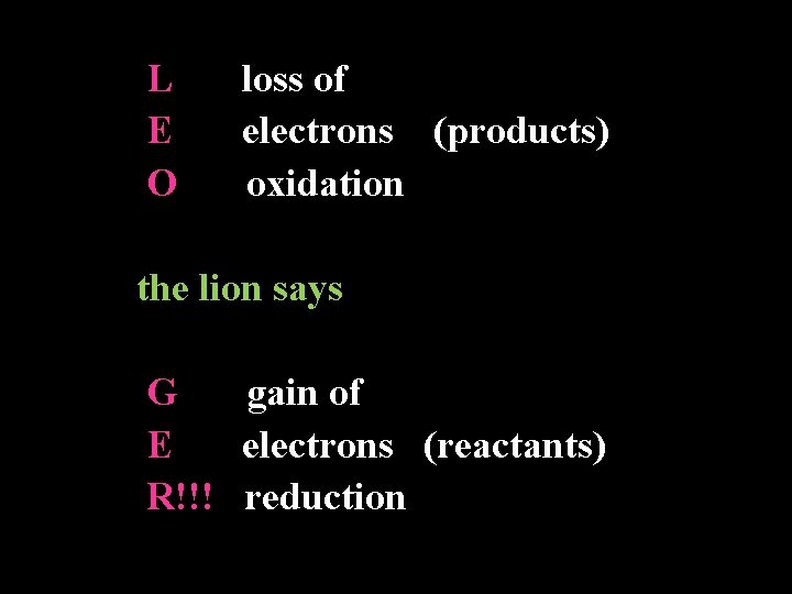 L E O loss of electrons (products) oxidation the lion says G gain of