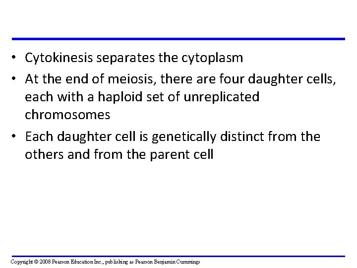  • Cytokinesis separates the cytoplasm • At the end of meiosis, there are