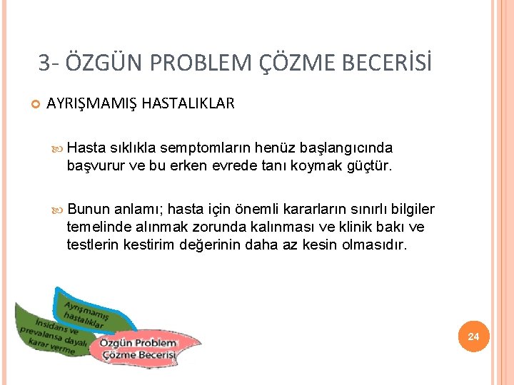 3 - ÖZGÜN PROBLEM ÇÖZME BECERİSİ AYRIŞMAMIŞ HASTALIKLAR Hasta sıklıkla semptomların henüz başlangıcında başvurur