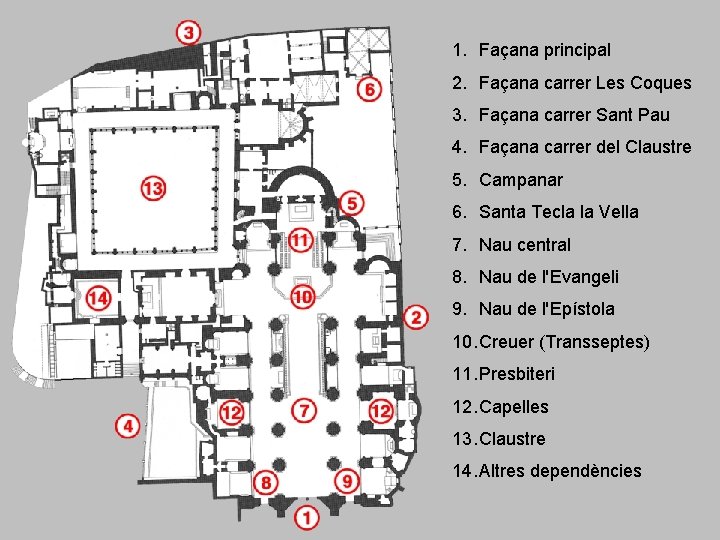 1. Façana principal 2. Façana carrer Les Coques 3. Façana carrer Sant Pau 4.