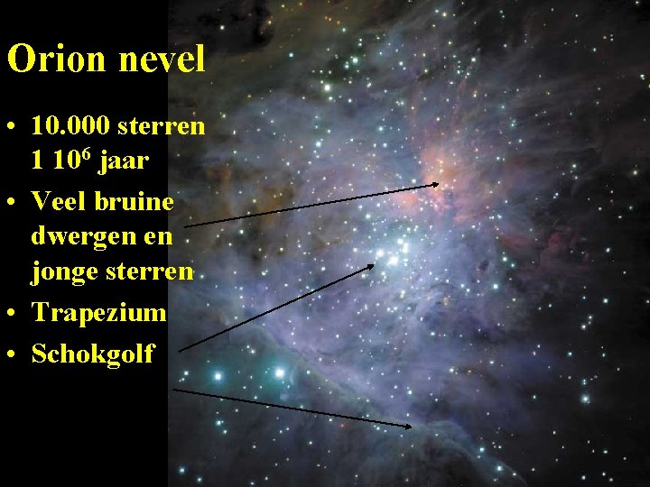 Orion nevel • 10. 000 sterren 1 106 jaar • Veel bruine dwergen en