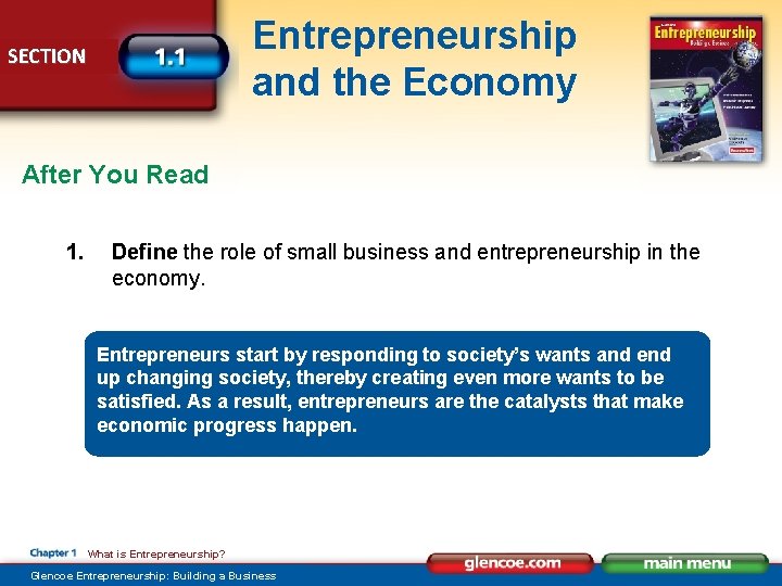 Entrepreneurship and the Economy SECTION After You Read 1. Define the role of small