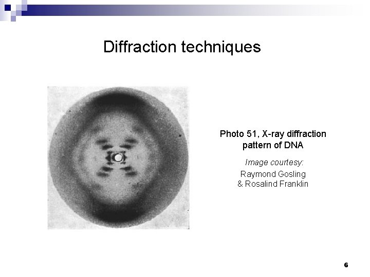 Diffraction techniques Photo 51, X-ray diffraction pattern of DNA Image courtesy: Raymond Gosling &