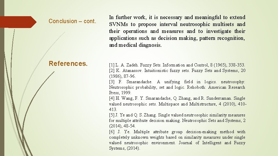 Conclusion – cont. References. In further work, it is necessary and meaningful to extend