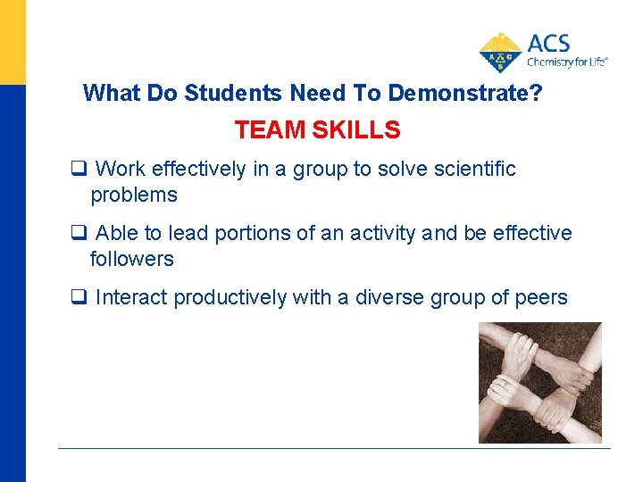 What Do Students Need To Demonstrate? TEAM SKILLS q Work effectively in a group