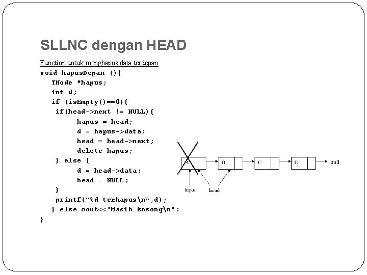 SLLNC dengan HEAD Function untuk menghapus data terdepan void hapus. Depan (){ TNode *hapus;