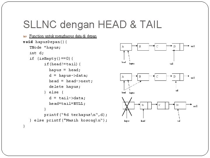 SLLNC dengan HEAD & TAIL Function untuk menghapus data di depan void hapus. Depan(){