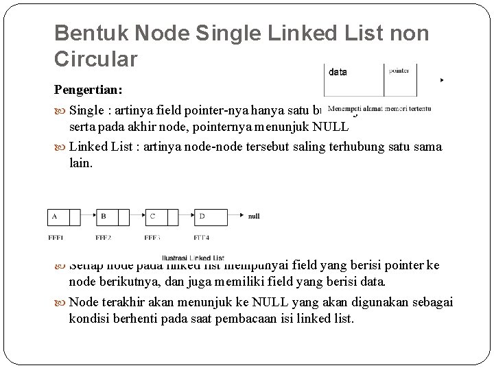 Bentuk Node Single Linked List non Circular Pengertian: Single : artinya field pointer-nya hanya