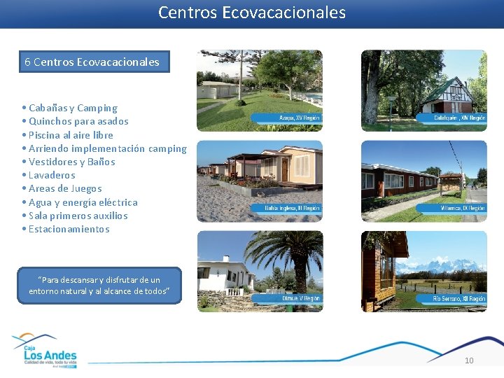 Centros Ecovacacionales 6 Centros Ecovacacionales • Cabañas y Camping • Quinchos para asados •