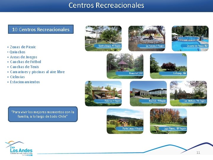 Centros Recreacionales 10 Centros Recreacionales • Zonas de Picnic • Quinchos • Areas de