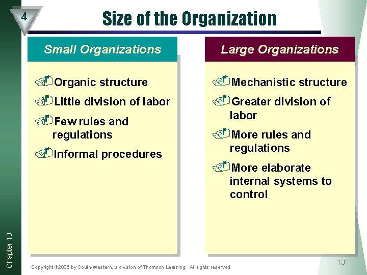 4 Size of the Organization Small Organizations Large Organizations . Organic structure. Little division