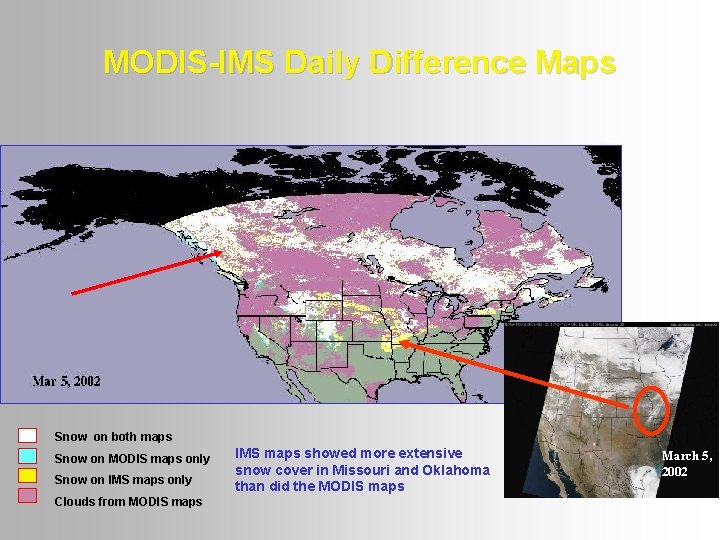 MODIS-IMS Daily Difference Maps Snow on both maps Snow on MODIS maps only Snow