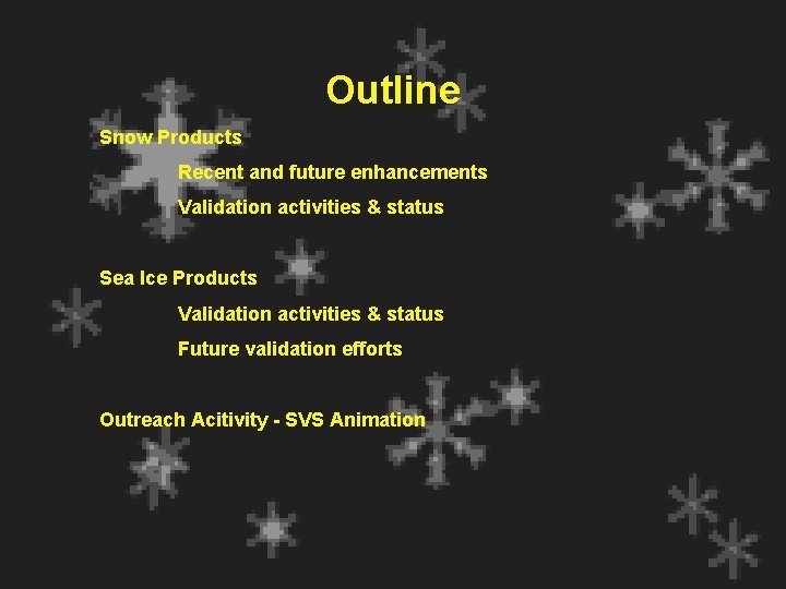 Outline Snow Products Recent and future enhancements Validation activities & status Sea Ice Products