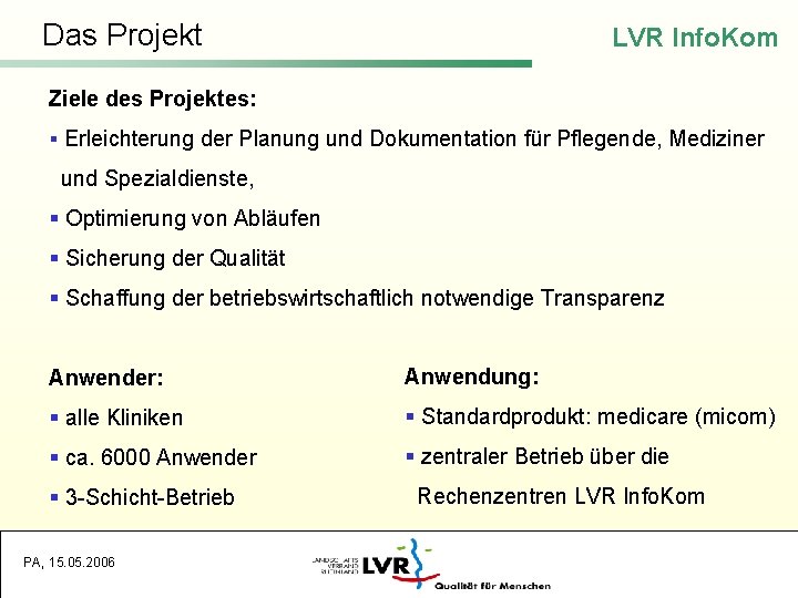 Das Projekt LVR Info. Kom Ziele des Projektes: § Erleichterung der Planung und Dokumentation
