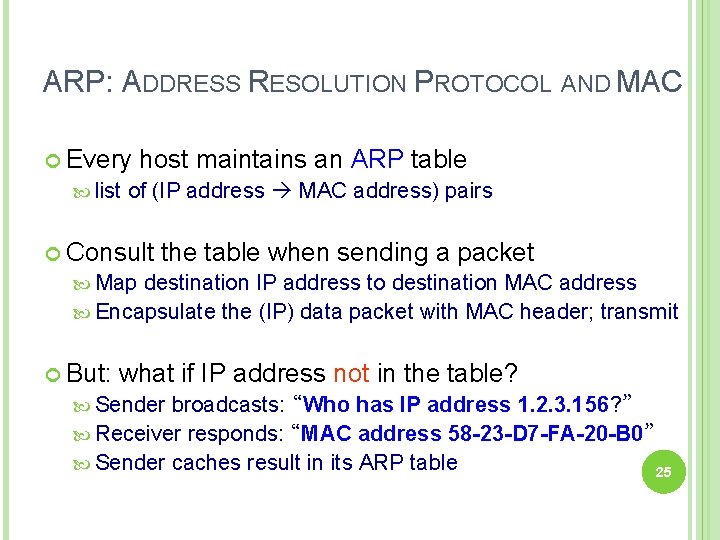 ARP: ADDRESS RESOLUTION PROTOCOL AND MAC Every list host maintains an ARP table of