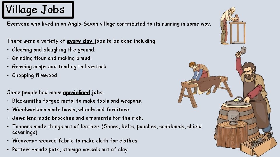 Village Jobs Everyone who lived in an Anglo-Saxon village contributed to its running in