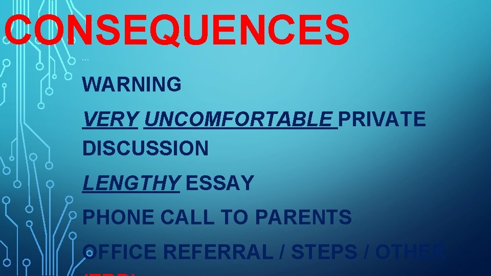 CONSEQUENCES … WARNING VERY UNCOMFORTABLE PRIVATE DISCUSSION LENGTHY ESSAY PHONE CALL TO PARENTS OFFICE