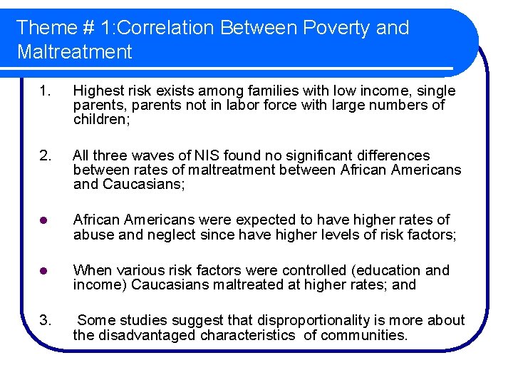 Theme # 1: Correlation Between Poverty and Maltreatment 1. Highest risk exists among families
