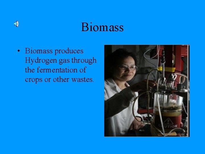 Biomass • Biomass produces Hydrogen gas through the fermentation of crops or other wastes.