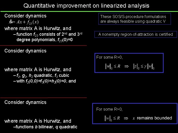 Quantitative improvement on linearized analysis Consider dynamics These SOS/S-procedure formulations are always feasible using