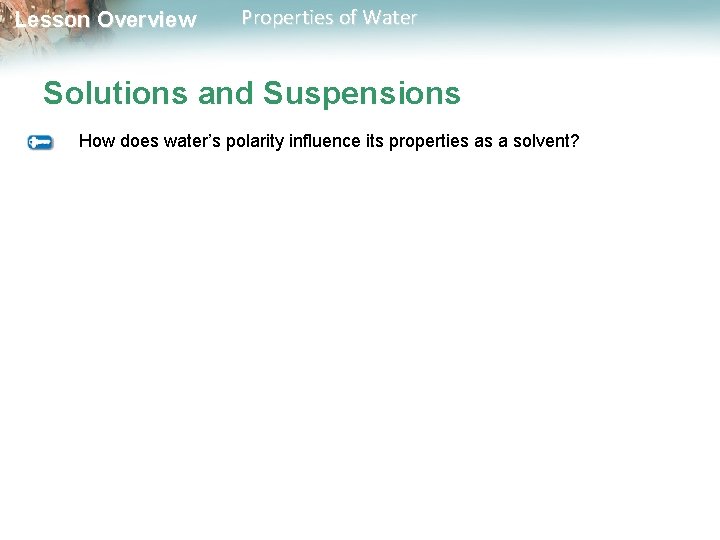 Lesson Overview Properties of Water Solutions and Suspensions How does water’s polarity influence its