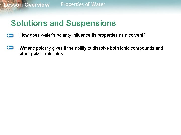 Lesson Overview Properties of Water Solutions and Suspensions How does water’s polarity influence its