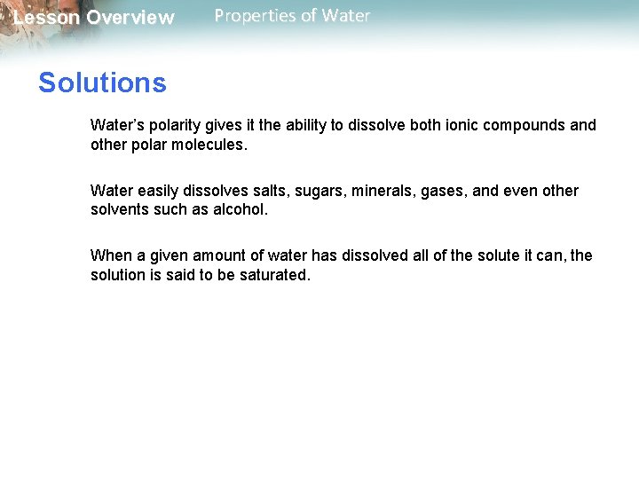 Lesson Overview Properties of Water Solutions Water’s polarity gives it the ability to dissolve