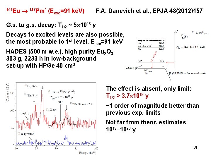 151 Eu 147 Pm* (Eexc=91 ke. V) F. A. Danevich et al. , EPJA