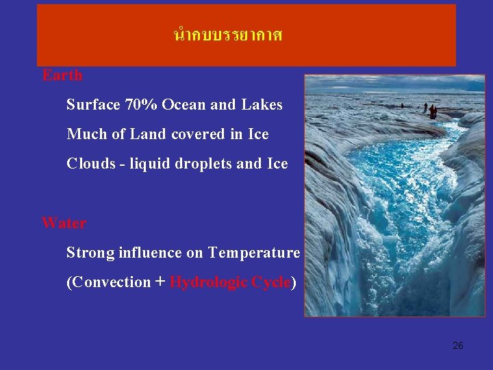 นำกบบรรยากาศ Earth Surface 70% Ocean and Lakes Much of Land covered in Ice Clouds