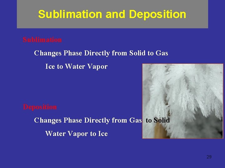 Sublimation and Deposition Sublimation Changes Phase Directly from Solid to Gas Ice to Water