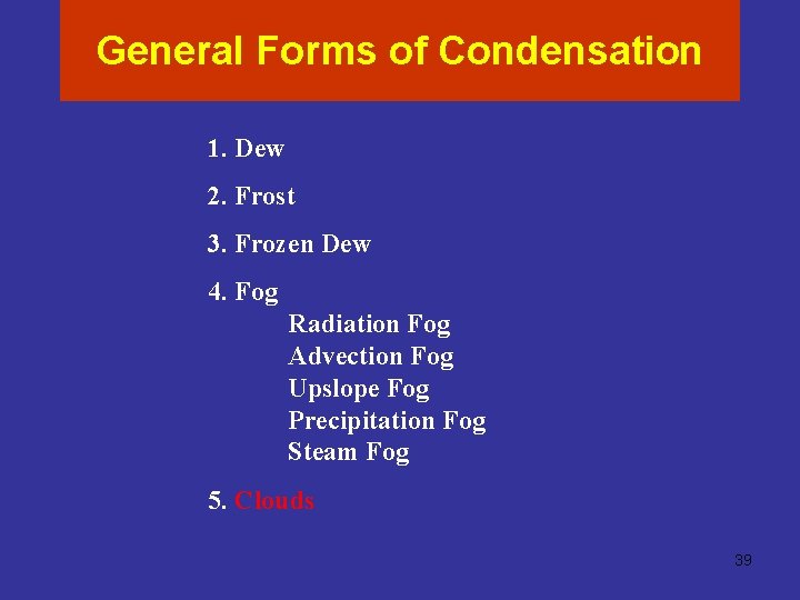 General Forms of Condensation 1. Dew 2. Frost 3. Frozen Dew 4. Fog Radiation