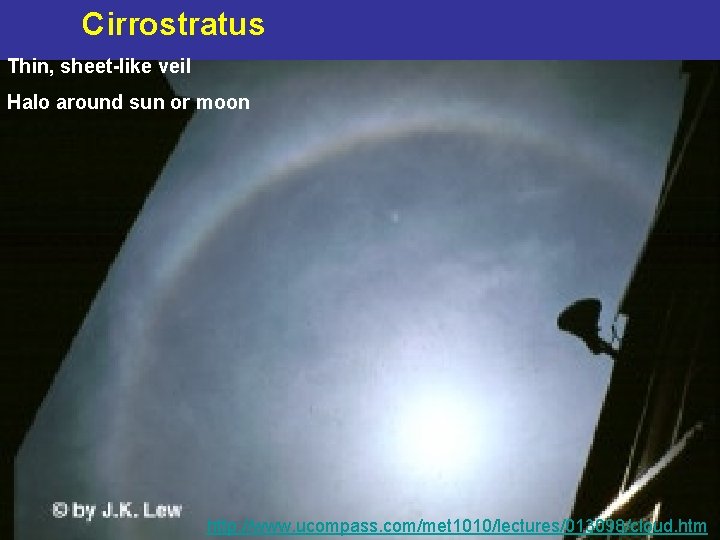 Cirrostratus Thin, sheet-like veil Halo around sun or moon 47 http: //www. ucompass. com/met