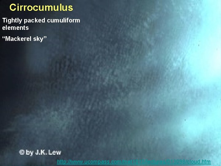 Cirrocumulus Tightly packed cumuliform elements “Mackerel sky” 48 http: //www. ucompass. com/met 1010/lectures/013098/cloud. htm