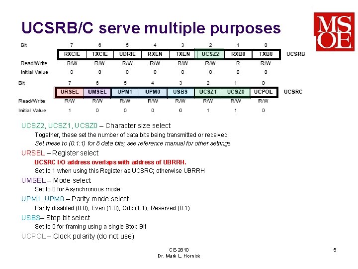 UCSRB/C serve multiple purposes UCSZ 2, UCSZ 1, UCSZ 0 – Character size select