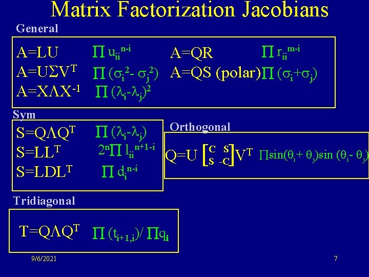Matrix Factorization Jacobians General uiin-i riim-i A=LU A=QR A=U VT ( i 2 -