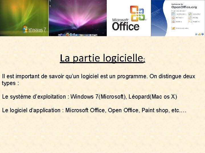 La partie logicielle: Il est important de savoir qu’un logiciel est un programme. On