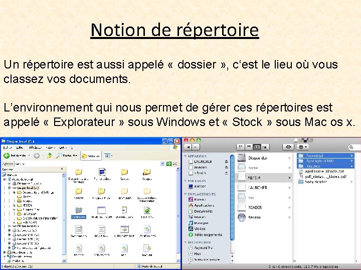 Notion de répertoire Un répertoire est aussi appelé « dossier » , c‘est le