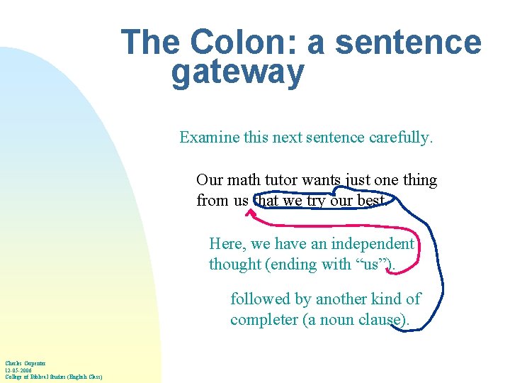 The Colon: a sentence gateway Examine this next sentence carefully. Our math tutor wants