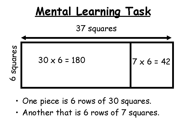 Mental Learning Task 6 squares 37 squares 30 x 6 = 180 7 x