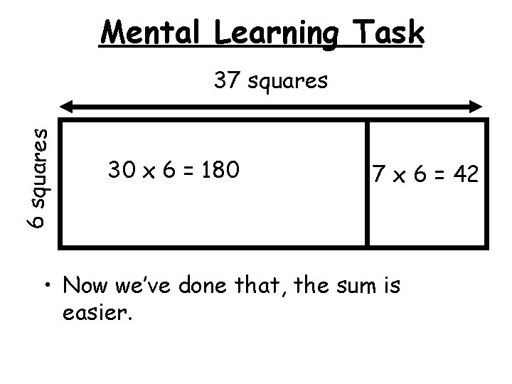 Mental Learning Task 6 squares 37 squares 30 x 6 = 180 7 x