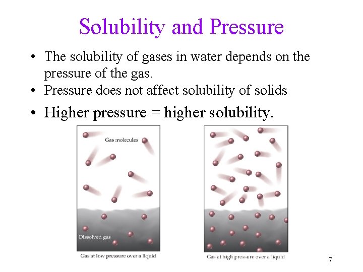 Solubility and Pressure • The solubility of gases in water depends on the pressure