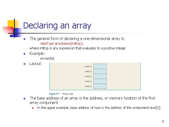 Declaring an array n The general form of declaring a one-dimensional array is: data.