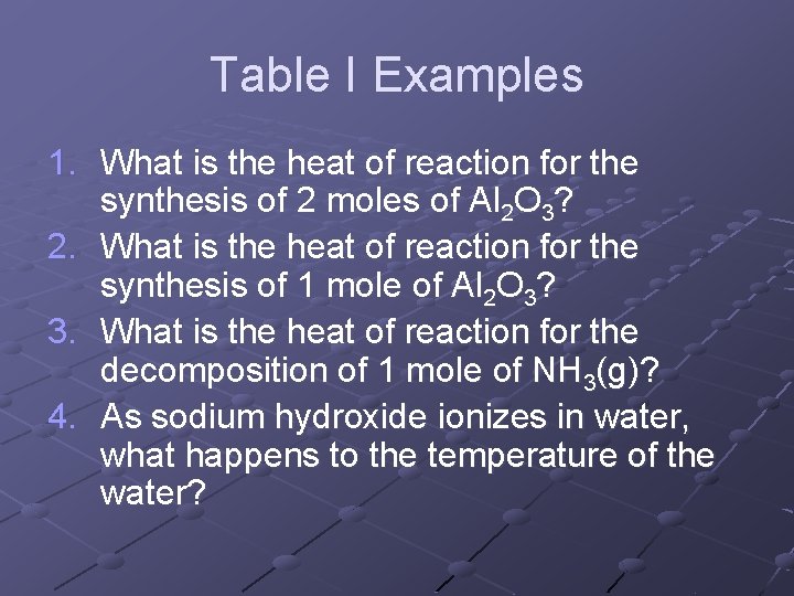 Table I Examples 1. What is the heat of reaction for the synthesis of