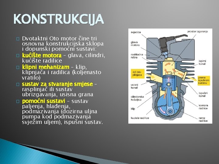 KONSTRUKCIJA � � � Dvotaktni Oto motor čine tri osnovna konstrukcijska sklopa i dopunski