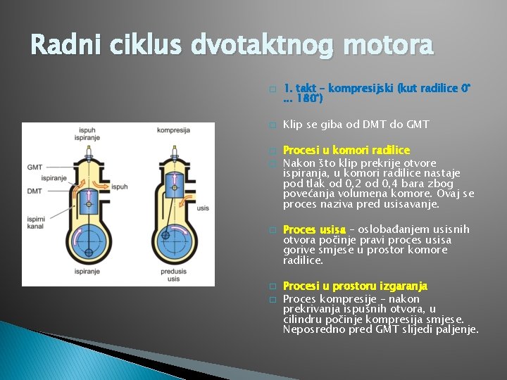 Radni ciklus dvotaktnog motora � � � � 1. takt – kompresijski (kut radilice