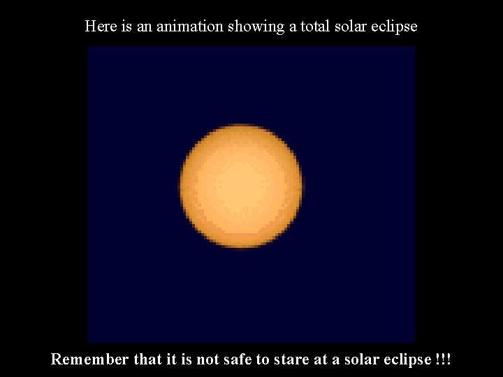 Here is an animation showing a total solar eclipse Remember that it is not